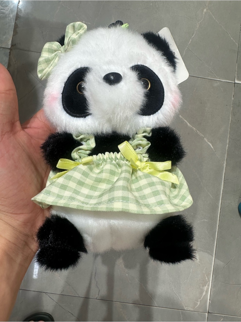 Plush Panda Small Pet Toy in White & Black with Green Gingham Dress